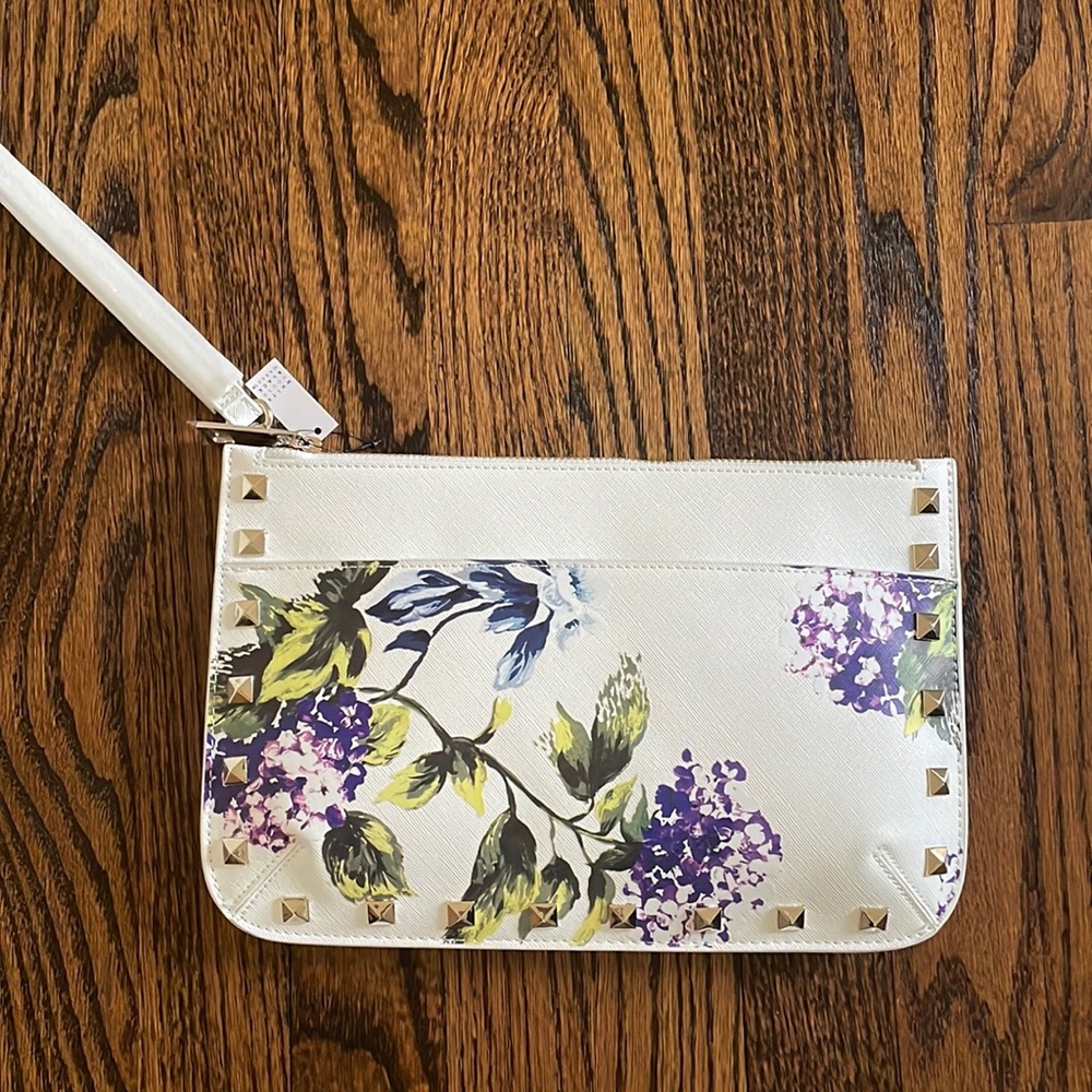 Clutch with hydrangea print and stud edge